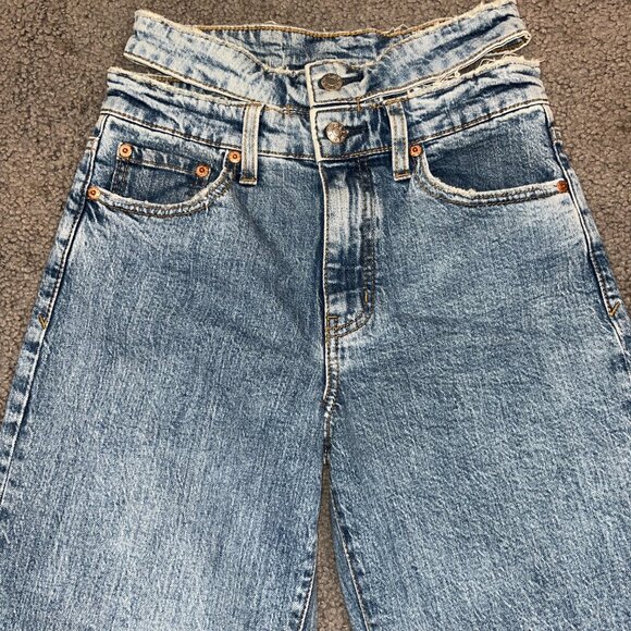 DAZE TOUGH LOVE DOUBLE CUT PEEK-A-POO WAISTBAND BLUE DENIM JEANS - SIZE 25 - Picture 3 of 14